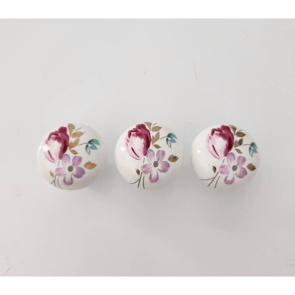 3 Vtg Brainerd Cabinet/Drawer Pulls--White ceramic with Floral scene   1 1/4"